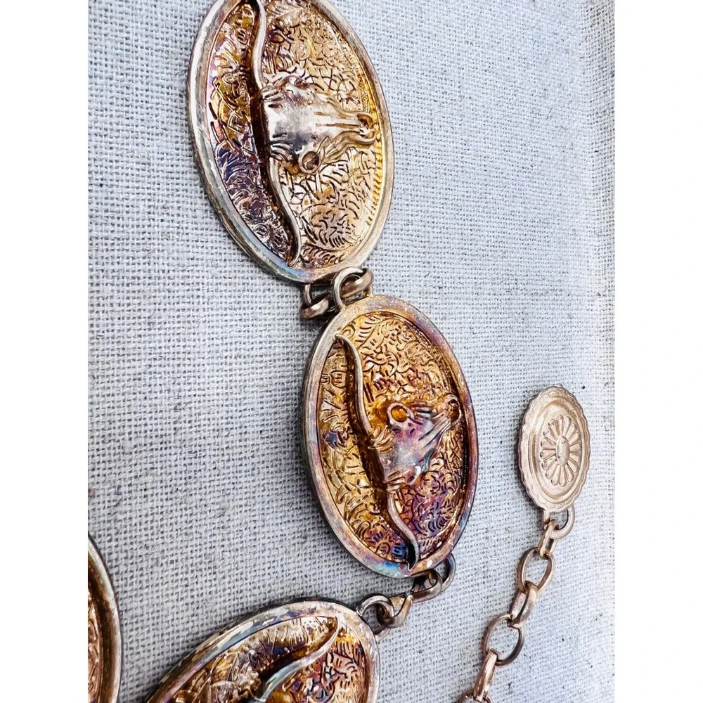 Vintage Western Longhorn Steer Skull Concho Chain Belt Gold Iridescent Patina